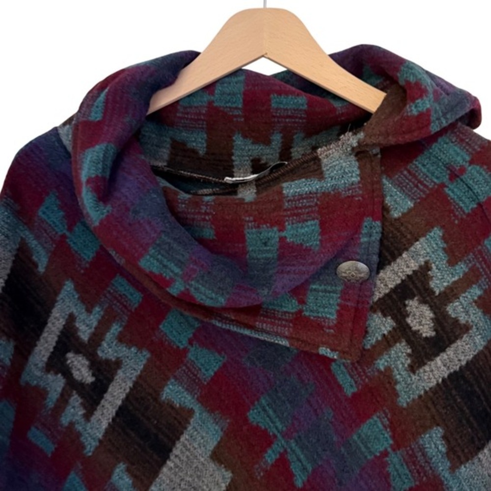 Rhonda Stark Southwestern Wool Blend Hooded Poncho Cowl Neck Made in USA Wrap OS - Picture 3 of 6